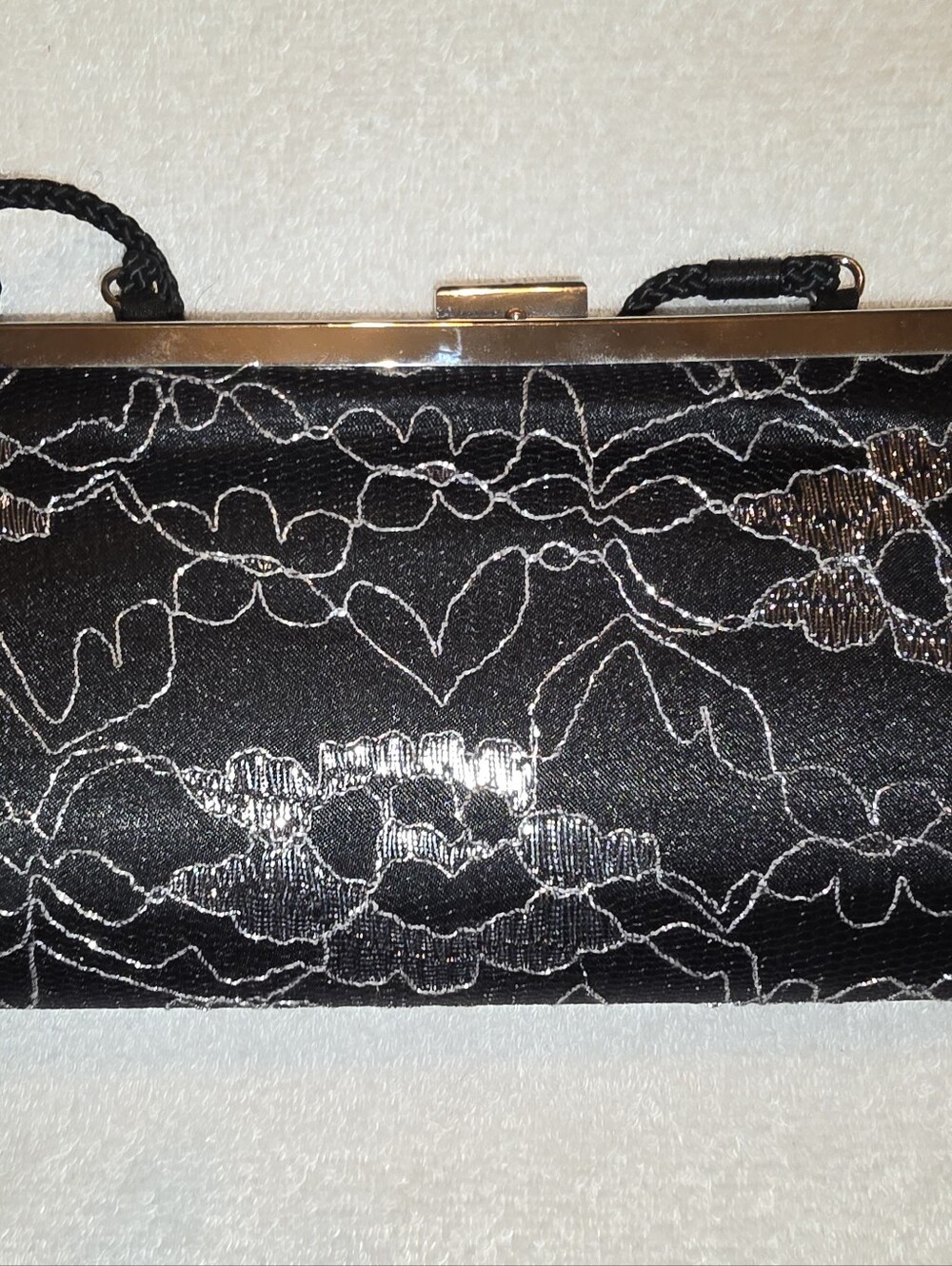 NWOT Vintage Style Black Lace Evening Clutch Bag With Silver Floral Design